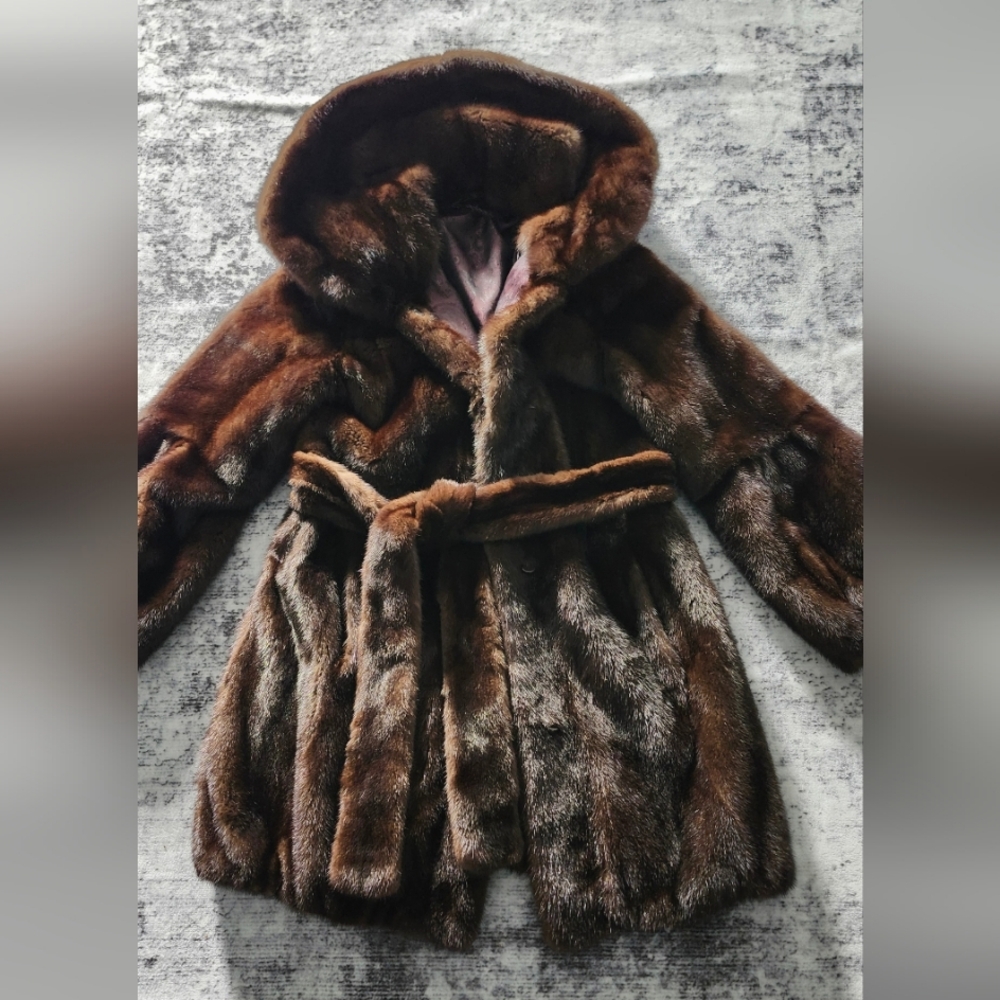 Gauja custom made 100% genuine mink fur hooded belted coat size XS-S brown